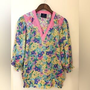 VINTAGE Mayleelok 80s Colorful Floral Blouse - Pink, Blue, Yellow Puffy Elastic